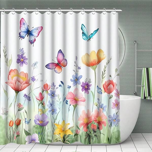 1 Stück leuchtende Wildblumen & Schmetterling Duschvorhang, Badezimmer Garnitur mit Haken, wasserdicht, lichtdurchlässiges Polyestergewebe, bunt floral, ideales Geschenk, Badezimmerdekoration, ganzjährig universelle Raumdekoration, Heimdekoration, Sommer-Badaccessoires, Einschulung