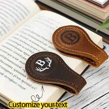 可定制磁性书签，1 件，个性化皮革书套，阅读配件，学校图书馆礼物，爱书人，定制姓名雕刻，非常适合返校、婚礼、公司活动、圣诞节、父亲节、母亲节、学校用品、学校用品、教师用品、办公室用品、男孩和女孩用品 - 棕色 - 查看 2