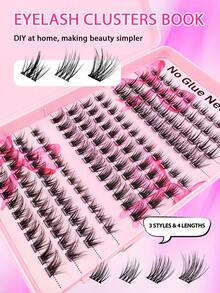 144Pcs C Curl Self Adhesive Individual Cluster Lashes DIY Lash Extension Set Press On Segmented Lashes No Glue Needed Spikes Eyelashes Extension Lash Clusters,Eye Lash Clusters,Individual Eyelashes,Lashes,Fake Lashes - 黑色 - 查看 3