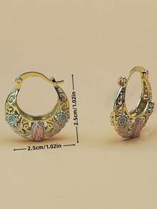 2 件空心圆形耳环套装，采用圣母玛利亚花朵设计，时尚复古金铜耳环，适合女性日常佩戴、派对、节日场合、珠宝礼物 - 金色 - 查看 4