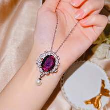 Women's Luxury Oval Purple Zirconia Faux Pearl Brooch Necklace Set
