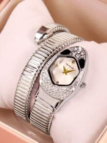 1pc Women's Gold Color Metal Band Snake Shape Quartz Wrist Watch, Suitable For Daily And Party Wear