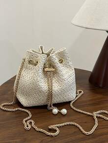 2025 New Woven Small Bucket Bag For Women, Chic Drawstring Chain Shoulder Messenger Bag - Beige - View 5