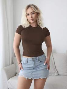 Vaiaye Women's Casual Solid Color Short Sleeve Christmas T-Shirt - Brown - View 10