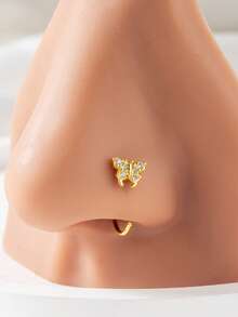 Wis 1 pieza Anillo de nariz con diseño de mariposa de cobre vintage, cubic zirconia, joyería de perforación corporal elegante para mujeres, regalo para amigos - Plateado - Ver 2