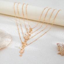 1pc Ocean Themed Sea Horse & Turtle Alloy Pendant Necklace, Minimalist Pearl Bead Strand Choker Necklace