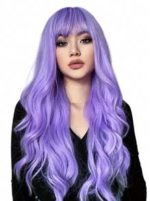 1pc Women's Purple Wavy Synthetic Wig With Bangs, Long Curly Hair, Elegant Style, 150% Density, Heat Resistant Fiber, Suitable For Cosplay, Halloween, Music Festivals, Daily Use - All Races