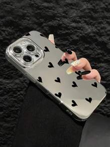 1 pieza Funda de teléfono con patrón de corazón negro simple y elegante con rhinestones, película de lente espejo brillante, cubierta protectora a prueba de golpes de TPU compatible con Apple 16 Pro Max/15/14 Plus/13/12/11 Pro