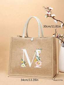 亚麻手提袋，包括印有首字母 A-Z 的手提袋、白色字母、向日葵花、花朵、个性化礼品包装、带白色扣环的黄色亚麻白色手提袋，适合婚礼、生日、海滩、节日，是送给女性、母亲、教师、朋友、伴娘、大包、学生和返校的完美礼物 - 卡其色 - 查看 10