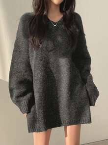 Korean Chic Oversized V-Neck Mid-Length Pullover Sweater Top For Women - Dark Grey - View 2
