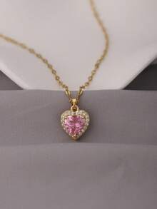 1pc Elegant Heart Copper Pendant Necklace, Heart Shape Necklace, Cubic Zirconia, Stainless Steel Chain, Summer Jewelry Gift For Girls And Women - Multicolor - View 14