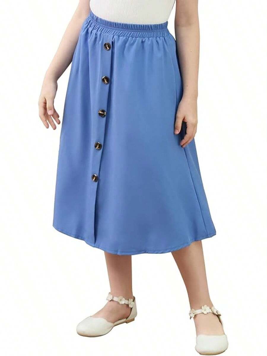 Girls A-Line Elastic High Waist Pleated Swing Maxi Skirt With Pockets For 4-14T - Blue - View 1