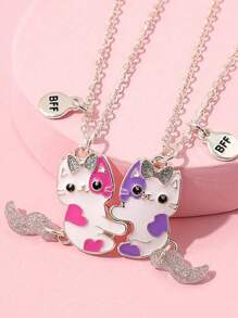 QTHOPE 2pcs Cute Cat Best Friend Forever Necklace, Sweet Cat Pendant Necklaces Gift For Friends