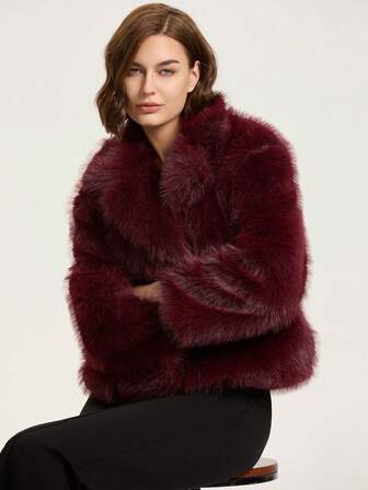 Elegant Solid Color Faux Fur Effect Jacket, Autumn/Winter