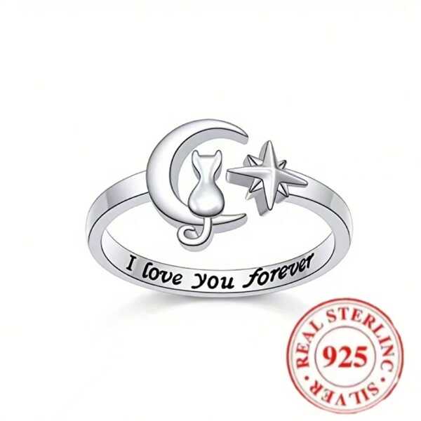 925 Sterling Silber verstellbarer Katze Mond förmiger "Ich liebe dich für immer" hypoallergener Ring für Herren/Damen