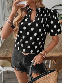 Áo cánh tay bồng rộng rãi họa tiết chấm bi thanh lịch, tay bồng, nhún bèo, viền bèo - màu đen - Xem 1