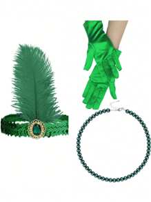 D EXCEED Set de 3 accesorii pentru flapper anii 1920: colier cu perle artificiale, bentiță și mănuși pentru femei - Costum de petrecere de Halloween anii 1920