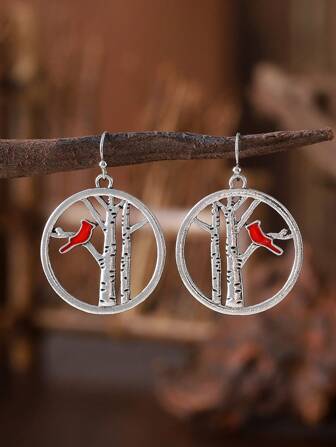 Vintage Cardinal Bird Tree Hollow Round Pendant Earrings, Elegant & Distinctive Cardinal Tree Branch Memorial Earrings, Commemorative Gift