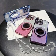Nuevo Estuche anti-caída de 4 esquinas para teléfono + Estuche de teléfono integrado con espejo de maquillaje circular rosa brillante, cuerda colgante y soporte magnético, compatible con Galaxy I-Phone 16 Pro 16Pro Max, Sam-Sung S25/S25Plus/S25Ultra, XM HW RM, Oppo