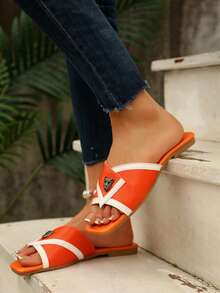 女式新款百搭平底软底不疲劳仙女风格露趾休闲度假沙滩凉鞋 - 橘色 - 查看 4