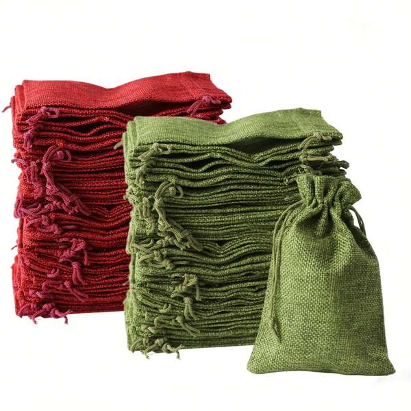 50pcs Red & Green Linen Drawstring Gift Bags - , Natural Fiber Bags, Suitable For Weddings, Wedding Favor Boxes & Bags, Parties, Birthdays - Perfect For Candies, Chocolates, Jewelry And Gifts, Wedding Favors | Natural Fiber Bags | Gift Bags, Linen Gift Bags