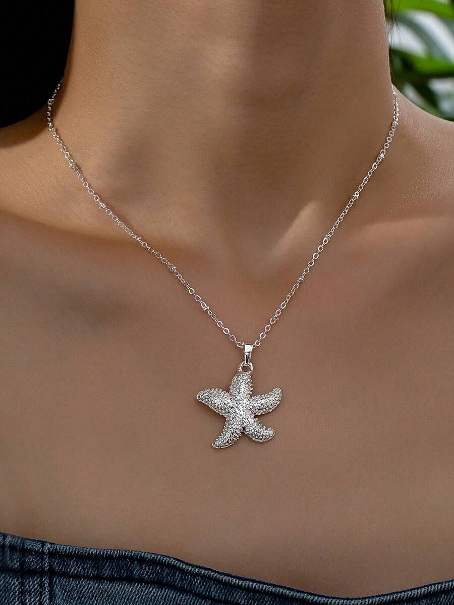 1 件银色金属海星海滩贝壳吊坠项链夏季度假海滩项链珠宝