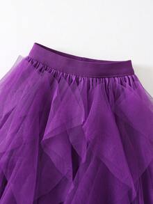 Falda abullonada asimétrica de malla con volantes para mujer - Morado - Ver 2