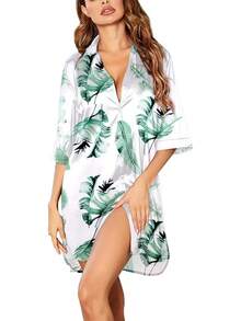 Women's Satin Nightshirt Button Down Sleepshirt Silk 3/4 Sleeve Nightgown Boyfriend Notch Collar Sleepwear S-3XL - 葉粉紅色 - 查看 1
