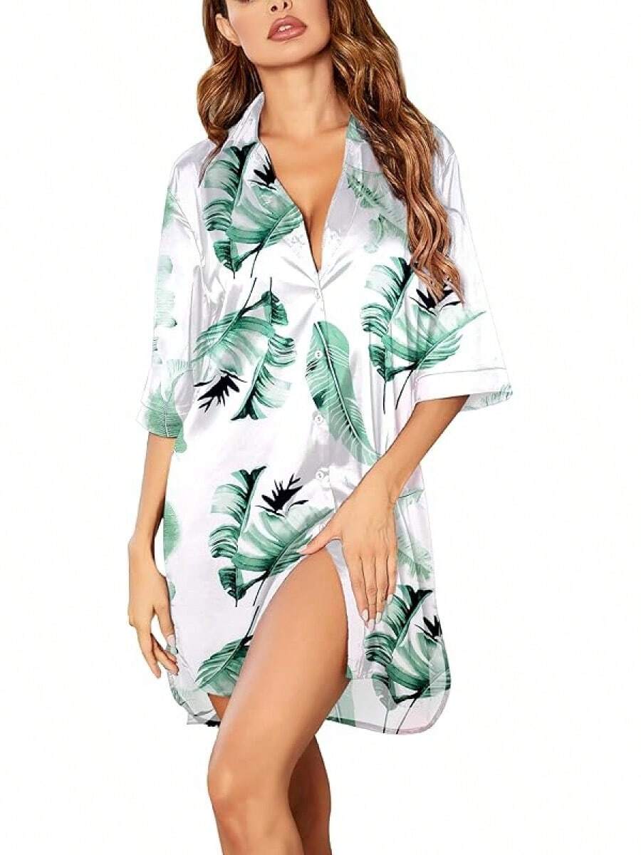 Women's Satin Nightshirt Button Down Sleepshirt Silk 3/4 Sleeve Nightgown Boyfriend Notch Collar Sleepwear S-3XL - 葉粉紅色 - 查看 1