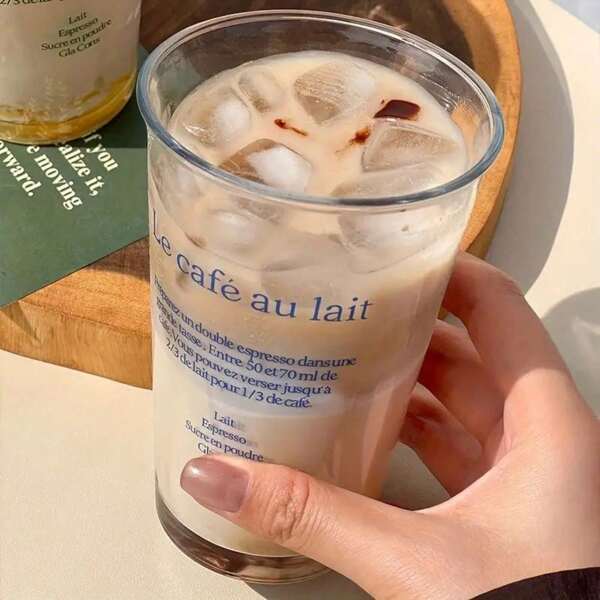 1pc Elegant French Slogan Printed INS Style Glass Cup, Suitable For Iced Coffee, Juice, Milk, Cocktail And Bubble Tea - Durable, Hand Wash Only, Multifunctional Beverage Glass Cup, Exquisite Design, Drink Service Cup | Transparent Drinkware | Reusable Cup, Coffee Cup
