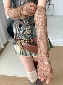 1 Pair Unique Distressed Style Mesh Arm Sleeves For Women, Retro Grunge Y2K Subculture, Lightweight For Summer - Brown - View 4