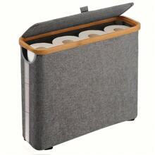 1 pieza Caja de pañuelos cubierta de bambú - Capacidad grande para 9 rollos, organizador de baño elegante con tabillas de madera, adecuado para baños modernos, cesta multiusos | Diseño de estética natural | Textura similar a tela, contenedor de almacenamiento de papel higiénico