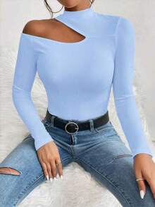 Women's T-Shirt Blouse Suplex Fabric Long Sleeve High Neck Asymmetrical Cut Ideal For Meetings And Casual Use - 淺藍色 - 查看 3