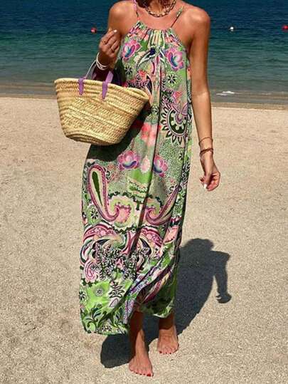 Vestido bohemio suelto de tirantes finos con estampado para vacaciones de verano de mujer