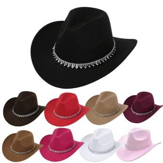 1pc Women's Solid Color Silver Waterdrop Tassel Rhinestone Reflective Sparkling Decorated British Style Wide Brim Sun Hat, Suitable For Music Festival, Party, Cowboy Occasion, Fashion & Versatile