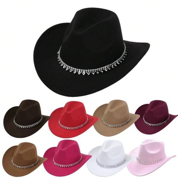 1 pieza Sombrero de sol de ala ancha de estilo británico para mujer, de unicolor, con gota de agua plateada, borlas con strass y detalles brillantes, adecuado para festivales de música, fiestas, ocasiones campestres, moda y versátil