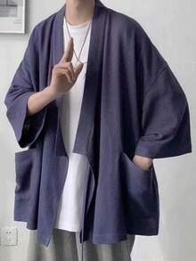 Japanese-Style Cardigan For Men, 3/4 Sleeve, Cardigan, Coat, Plain, Summer Festival, Japanese Style, Haori, Front Opening Shirt, Stylish Shirt, Lightweight, Breathable, Summer, Spring, Autumn, Air Conditioning Protection, Large Size - 藍色 - 查看 2