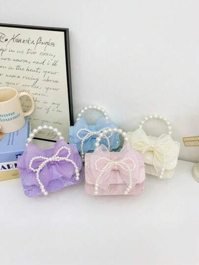 1 件蕾丝蝴蝶结甜美风格手提包时尚珍珠蝴蝶结公主风格可爱零钱包斜挎包，韩版百搭，休闲舒适的肩带，顺滑长款百搭，适合女生日常购物和旅行，理想的礼物选择