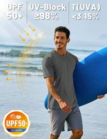 KEFITEVD Men's Rash Vest Rash Guard UV Shirts UPF 50+ Swim Top Short Sleeve Quick Dry T-Shirt For Surfing Running Hiking - Dark Grey - View 3