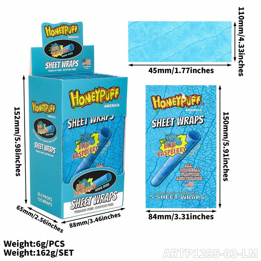 3 Packs HONEYPUFF King Size (110mm) Cigar Roll Paper, Cigar Skin, Sheet Wraps, 5 Sheets/Pack, Multiple Colors | For Any Smokers - 藍莓口味3包(15片) - 查看 1