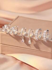 Set 6 cercei eleganți cu pietre multi-element și zirconiu din cupru, accesorii delicate și versatile pentru femei, pentru petreceri/întâlniri/cadouri