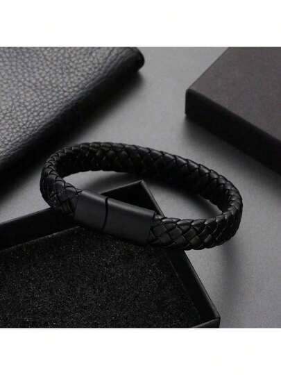 1pc Buckle Men's PU Leather Bracelet, Titanium Steel Punk Braided Wristband Christmas New Year Valentine's Day Holiday Gift