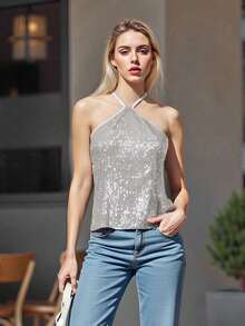 Women Sleeveless Halter Tops Summer Shiny Sequins Tie Up Backless Shirts For Streetwear Aesthetic Grunge Clothes - 灰色 - 查看 9