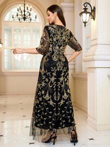 JINLICX Vintage Lady-Like Geometric Pattern Long Sleeve Dress, Luxurious, Suitable For Banquet, Party And Formal Occasions - Black - View 3