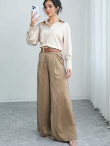 Pantalones anchos y sueltos para mujer, pantalones de moda para primavera/verano, pantalones de cintura alta y pierna ancha, pantalones casuales y elegantes para damas - Caqui - Ver 3