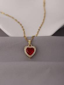 1pc Elegant Heart Copper Pendant Necklace, Heart Shape Necklace, Cubic Zirconia, Stainless Steel Chain, Summer Jewelry Gift For Girls And Women - Multicolor - View 17