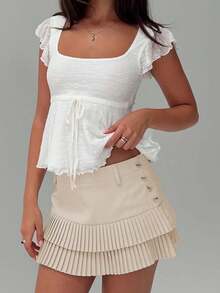 Womens Lace Ruffled Crop Tops Y2k Square Neck Flying Sleeve Babydoll Tank Top Tie Front Flared Hem Boho Blouse - trắng - Xem 1