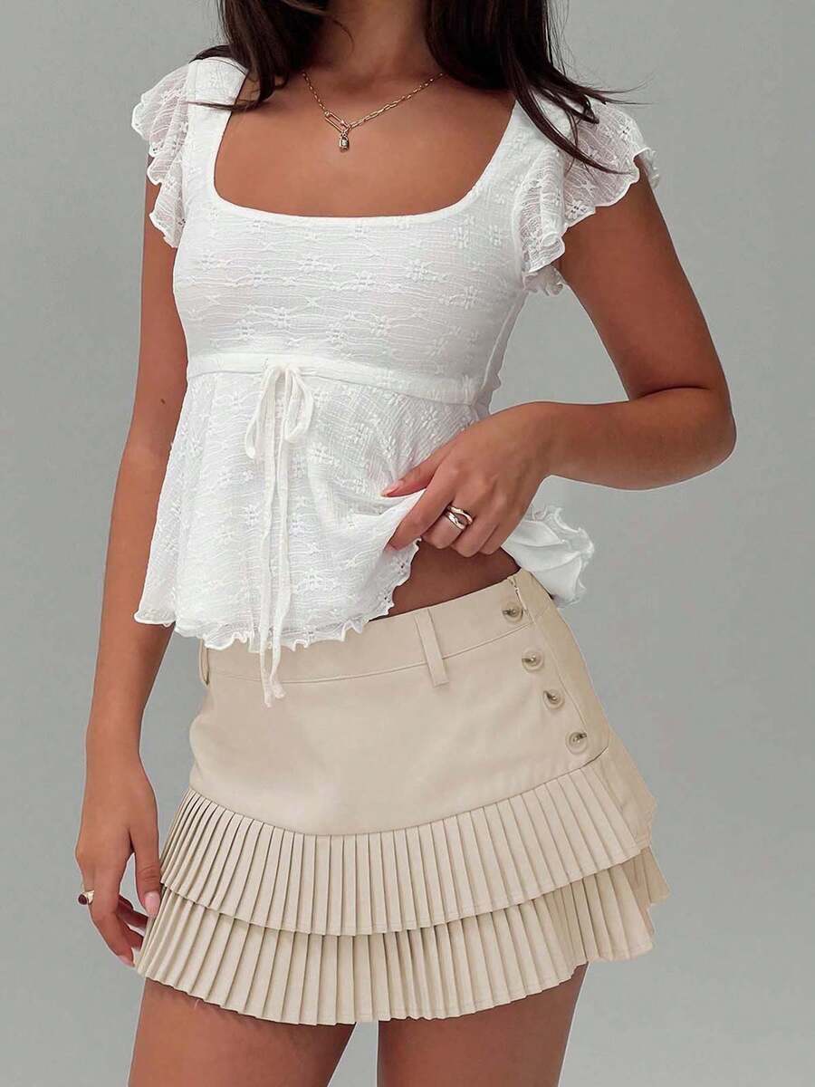 Womens Lace Ruffled Crop Tops Y2k Square Neck Flying Sleeve Babydoll Tank Top Tie Front Flared Hem Boho Blouse - trắng - Xem 1