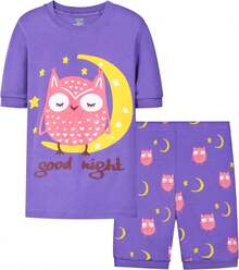 Girls Pure Cotton Summer Pjs Size 2T-14Years, Little Girls Short Sleeve 4-Piece Sleepwear Kids Toddler Pajamas Set - 紫色 - 查看 9