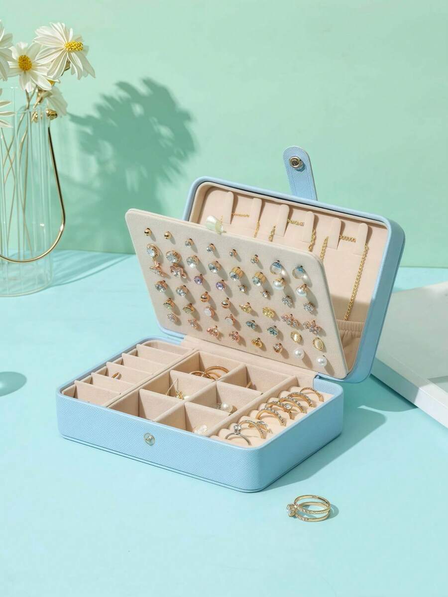 صندوق مجوهرات مخملي متعدد الوظائف ذو طبقتين بمقاس 16*11*5 سم، منظم تخزين المجوهرات مع حامل الأقراط، هدية مثالية لعيد الحب وبداية العام الدراسي - متعدد الألوان - مشاهدة 1